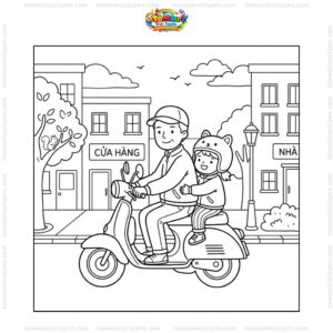 Tranh tô màu bé đội mũ bảo hiểm ngồi sau bố