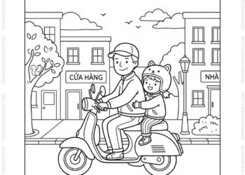 Tranh tô màu bé đội mũ bảo hiểm ngồi sau bố