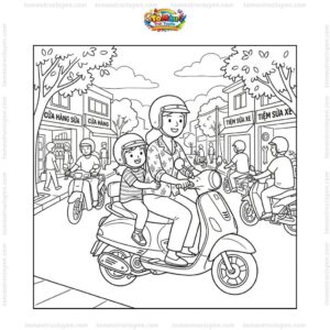 Tranh tô màu bé đội mũ bảo hiểm ngồi sau mẹ