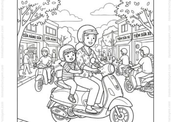 Tranh tô màu bé đội mũ bảo hiểm ngồi sau mẹ