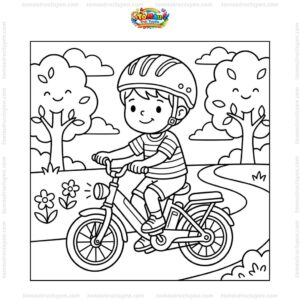 Tranh tô màu bé đội mũ bảo hiểm trên xe điện