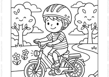 Tranh tô màu bé đội mũ bảo hiểm trên xe điện
