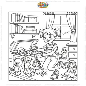 Tranh tô màu bé dọn đồ chơi búp bê