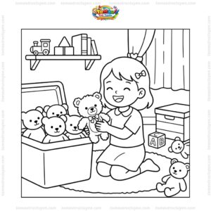 Tranh tô màu bé dọn đồ chơi gấu bông