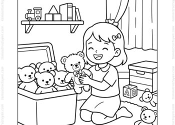 Tranh tô màu bé dọn đồ chơi gấu bông