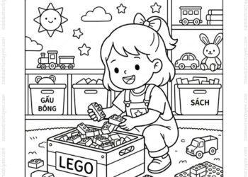 Tranh tô màu bé dọn đồ chơi lego