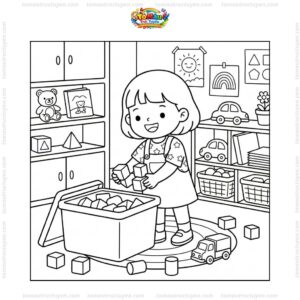 Tranh tô màu bé dọn đồ chơi trong lớp