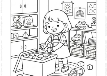 Tranh tô màu bé dọn đồ chơi trong lớp