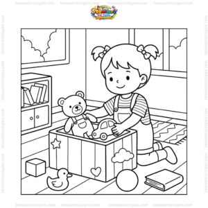 Tranh tô màu bé dọn đồ chơi vào hộp