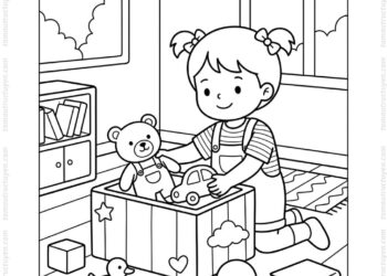 Tranh tô màu bé dọn đồ chơi vào hộp