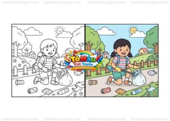 tranh tô màu bé nhặt rác