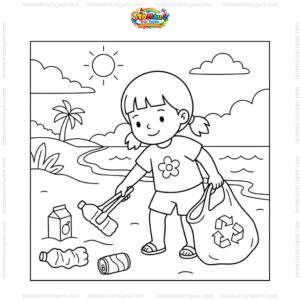 Tranh tô màu bé nhặt rác bãi biển