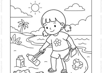 Tranh tô màu bé nhặt rác bãi biển