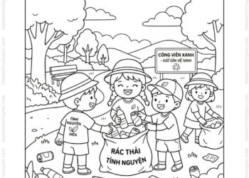 Tranh tô màu bé nhặt rác đội tình nguyện