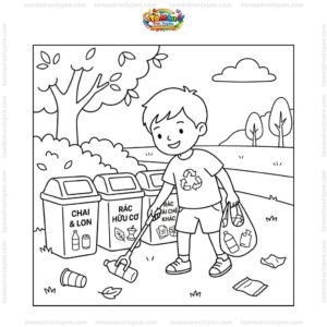 Tranh tô màu bé nhặt rác và phân loại