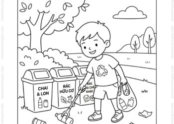 Tranh tô màu bé nhặt rác và phân loại