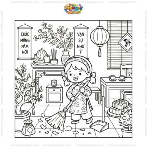 Tranh tô màu bé quét nhà ngày Tết