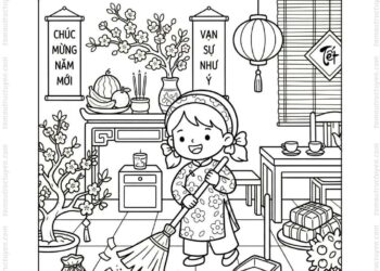Tranh tô màu bé quét nhà ngày Tết