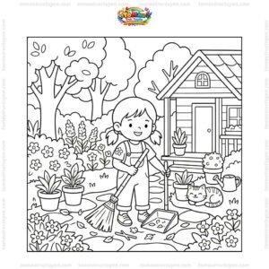 Tranh tô màu bé quét nhà ngoài vườn