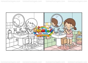 tranh tô màu bé rửa mặt