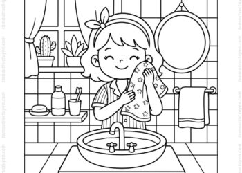 Tranh tô màu bé rửa mặt bằng khăn