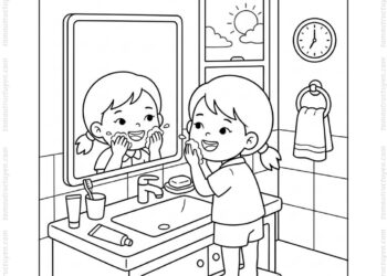 Tranh tô màu bé rửa mặt buổi sáng