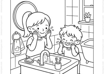 Tranh tô màu bé rửa mặt cùng em trai