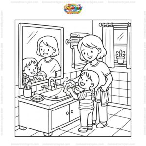 Tranh tô màu bé rửa mặt cùng mẹ