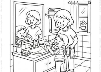 Tranh tô màu bé rửa mặt cùng mẹ