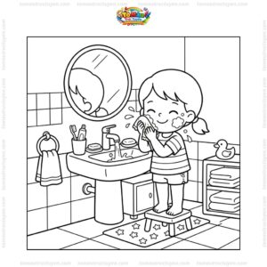 Tranh tô màu bé rửa mặt trong phòng tắm