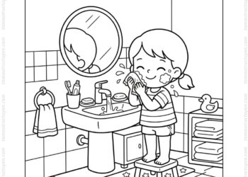 Tranh tô màu bé rửa mặt trong phòng tắm