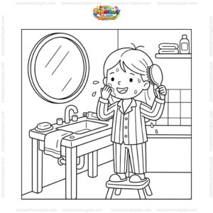 Tranh tô màu bé rửa mặt và chải tóc