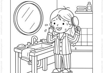 Tranh tô màu bé rửa mặt và chải tóc