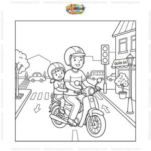 Tranh tô màu bé tham gia giao thông cùng bố
