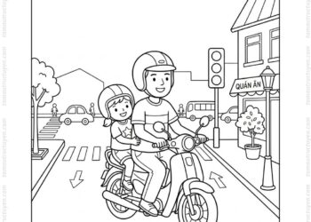 Tranh tô màu bé tham gia giao thông cùng bố