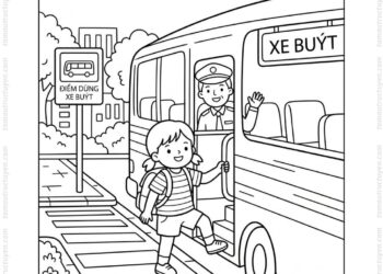 Tranh tô màu bé tham gia giao thông xe buýt