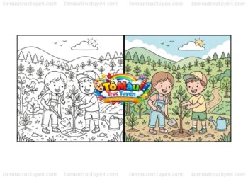 Tranh tô màu bé trồng cây
