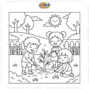 Tranh tô màu bé trồng cây cùng bạn bè