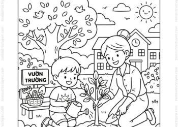 Tranh tô màu bé trồng cây cùng thầy cô