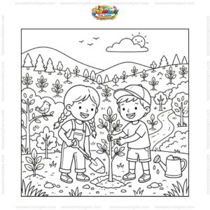 Tranh tô màu bé trồng cây gây rừng