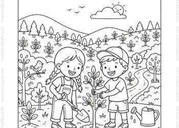 Tranh tô màu bé trồng cây gây rừng