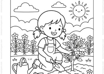 Tranh tô màu bé trồng cây hoa
