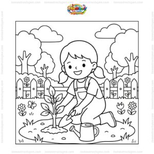 Tranh tô màu bé trồng cây lưu niệm