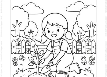Tranh tô màu bé trồng cây lưu niệm