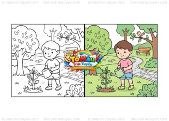 Tranh tô màu bé tưới cây