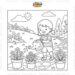 Tranh tô màu bé tưới cây chậu hoa