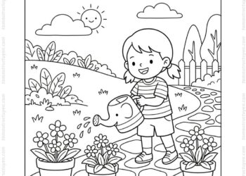 Tranh tô màu bé tưới cây chậu hoa