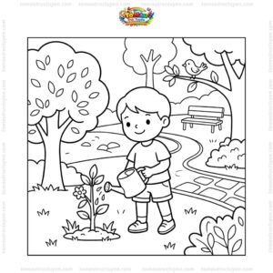 Tranh tô màu bé tưới cây công viên