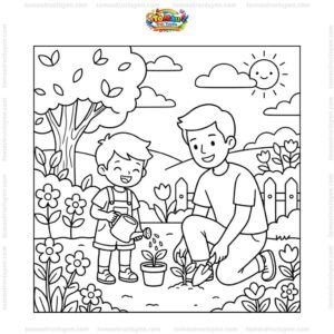 Tranh tô màu bé tưới cây cùng bố