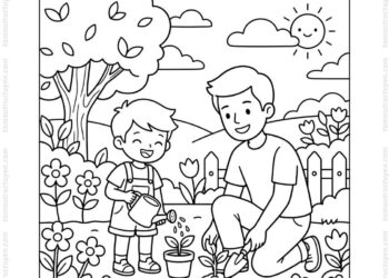 Tranh tô màu bé tưới cây cùng bố